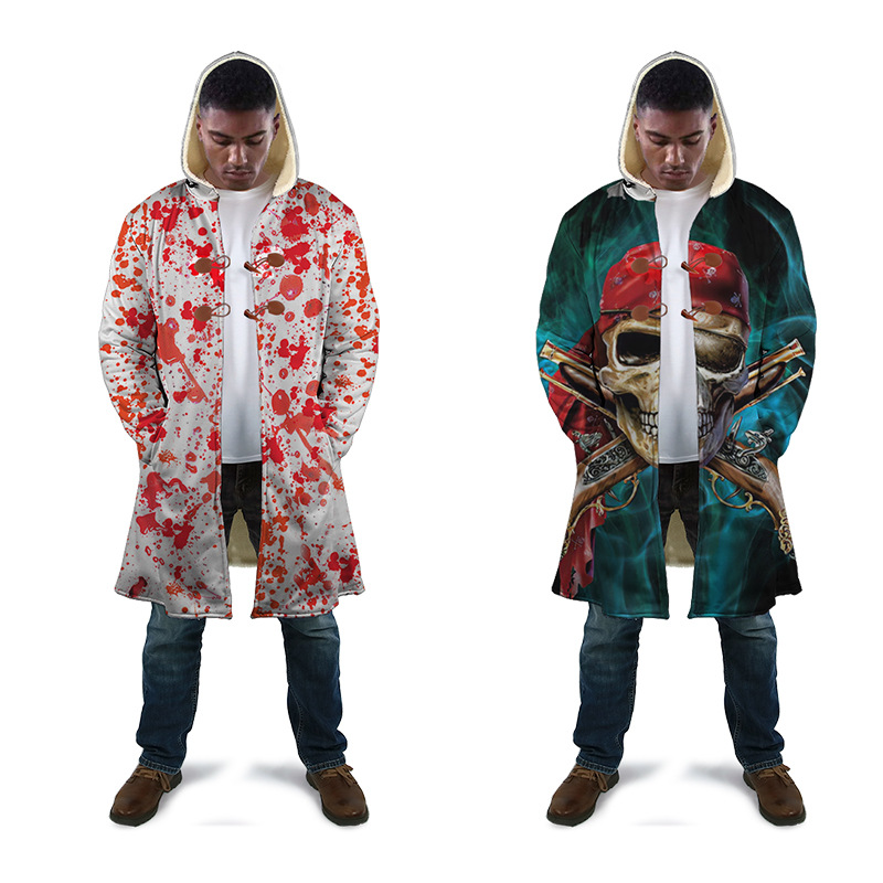 custom long coat all-over printing no minimum winter fleece lined hooded jacket men's volvet