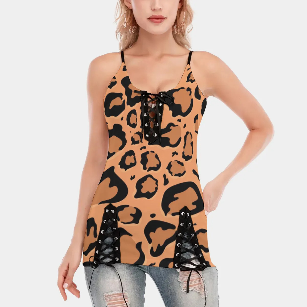 custom all over print women's eyelet lace up cami dress