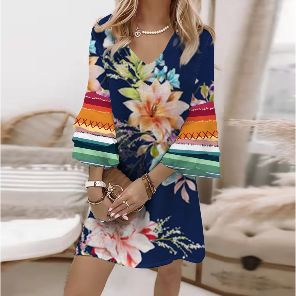 custom women's summer dress all-over printing no minimum mini casual sundress bell sleeve v-neck