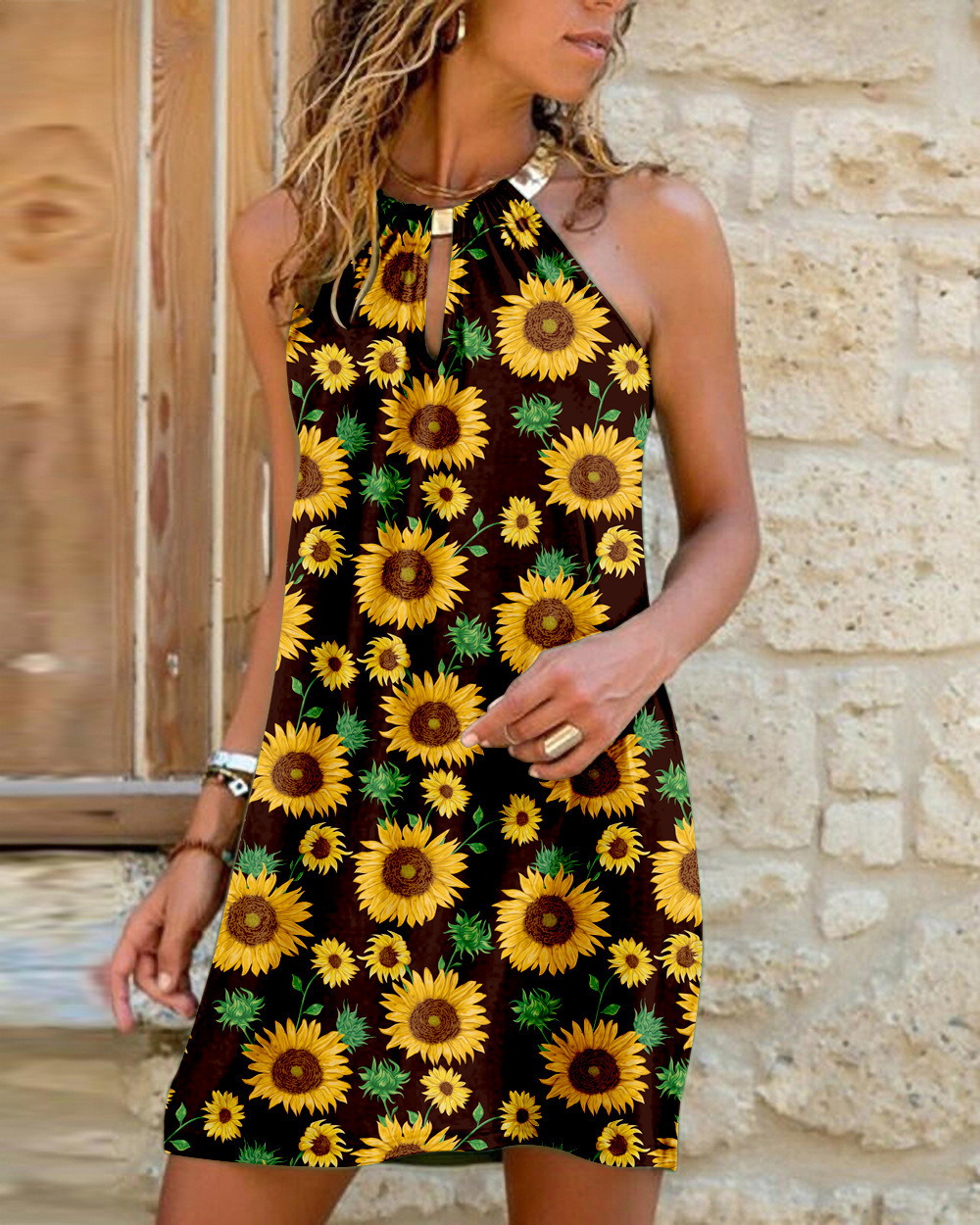 custom summer dress all-over printing no minimum mini casual sundress short sleeveless halter neck a-line beach party