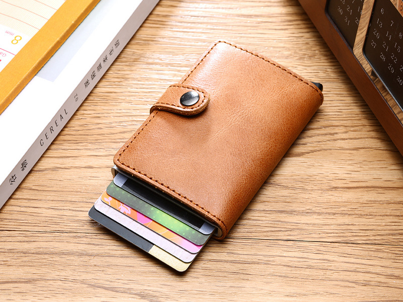 aluminum credit card holder, pop up card, RFID blocking leather wallet, wholesale