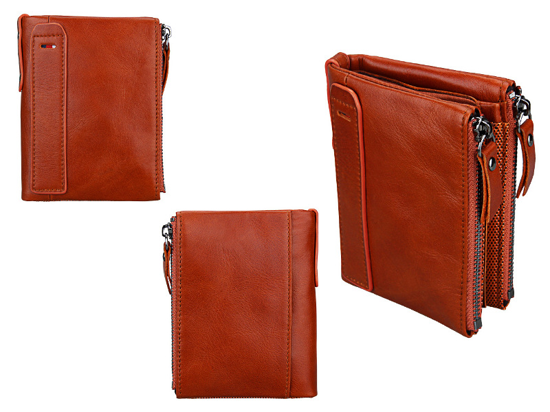 orange bifold genuine cowhide leather wallet, retro vintage rfid blocking wholesale