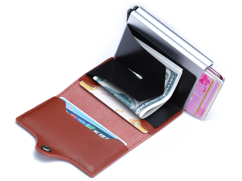 aluminum credit card holder, double pop up card case, RFID blocking genuine leather wallet, wholesale