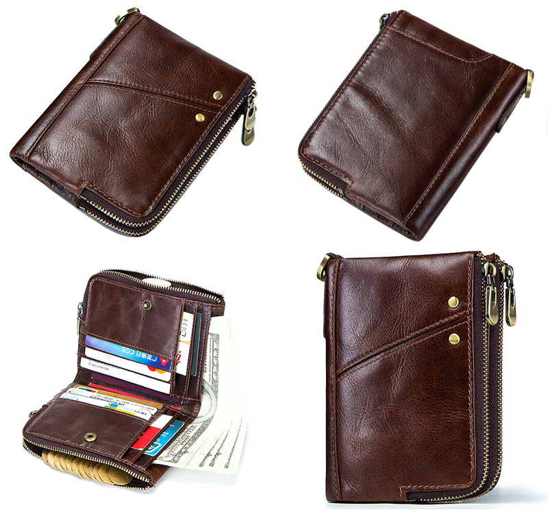 genuine cowhide leather wallet, rfid blocking, double zip coin pocket, card holder, wholesale, dark brown