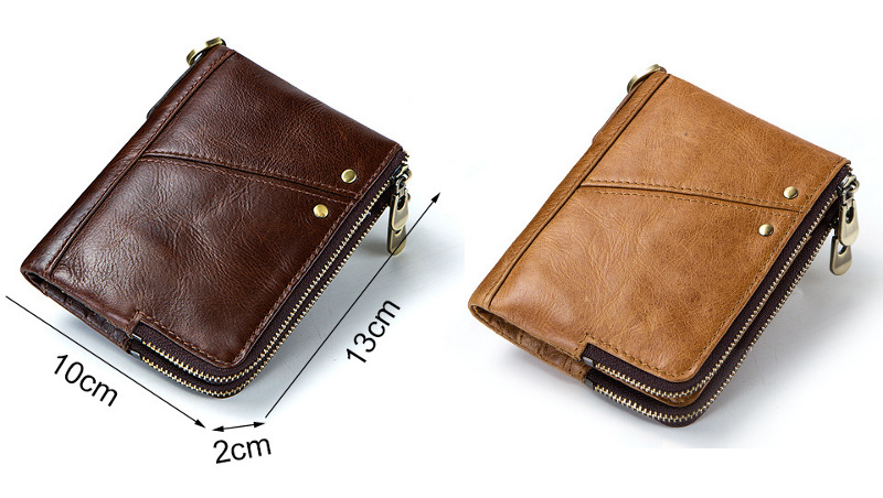 genuine cowhide leather wallet, rfid blocking, double zip coin pocket, card holder, wholesale, size