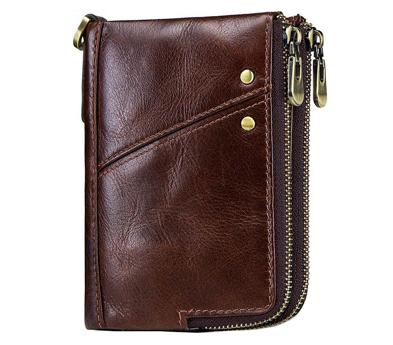 genuine cowhide leather wallet, rfid blocking, double zip coin pocket, card holder, wholesale, dark brown