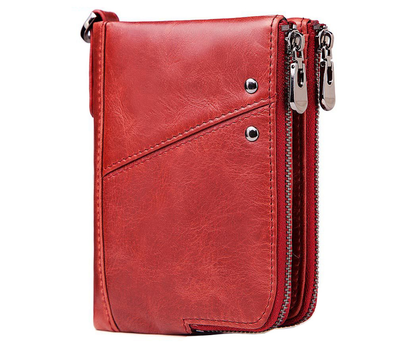 genuine cowhide leather wallet, rfid blocking, double zip coin pocket, card holder, wholesale, red