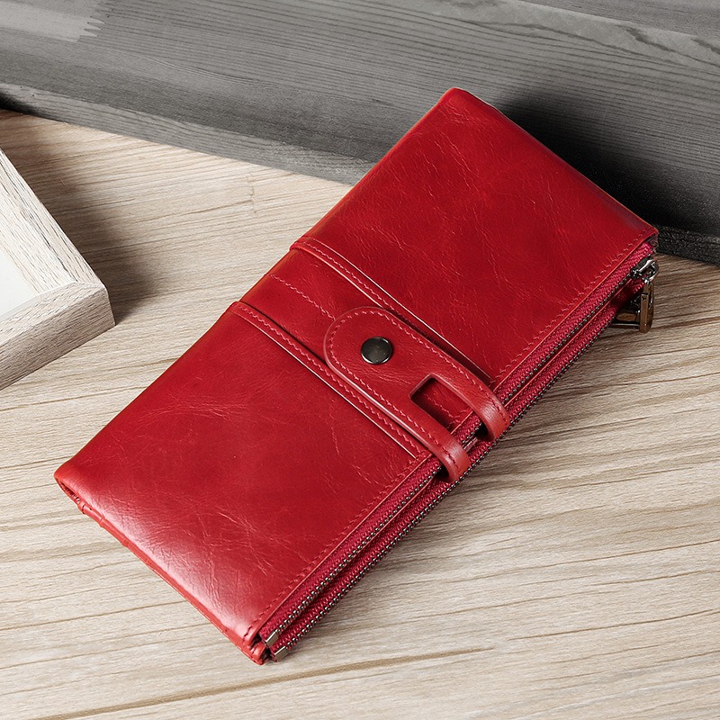 red genuine first-layer cowhide leather wallet for women, rfid blocking, zip pocket, id window, card holder, banknote pocket, wholesale