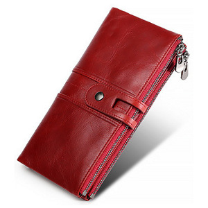 dark red genuine leather RFID blocking wallet for women