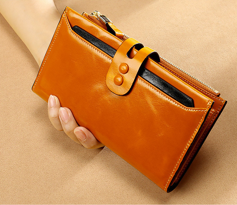 light brown modern lady women genuine leather clutch wallet rfid blocking anti theft wholesale