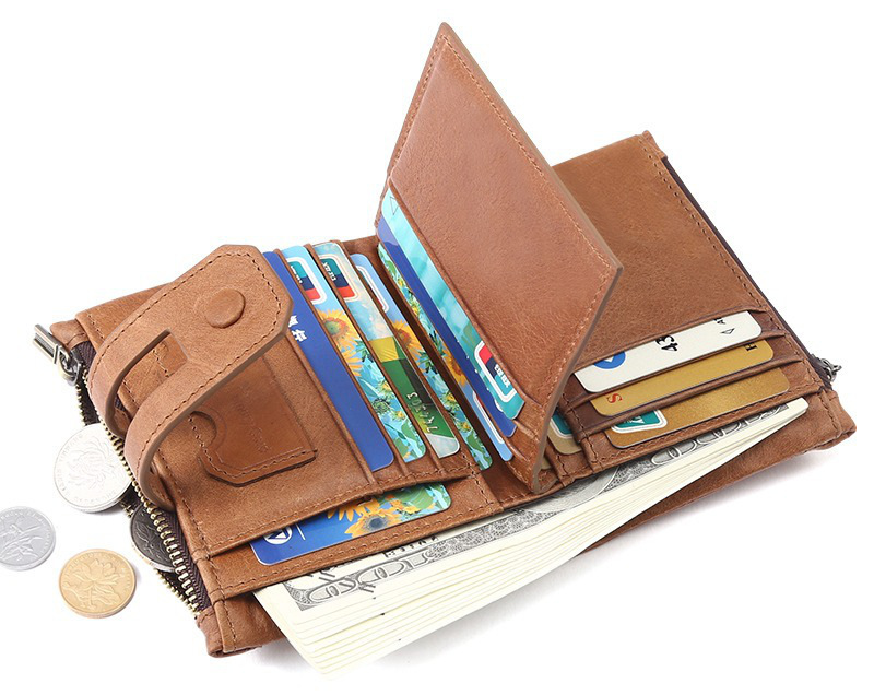 light brown vertical bifold genuine leather wallet, vintage, rfid blocking, wholesale