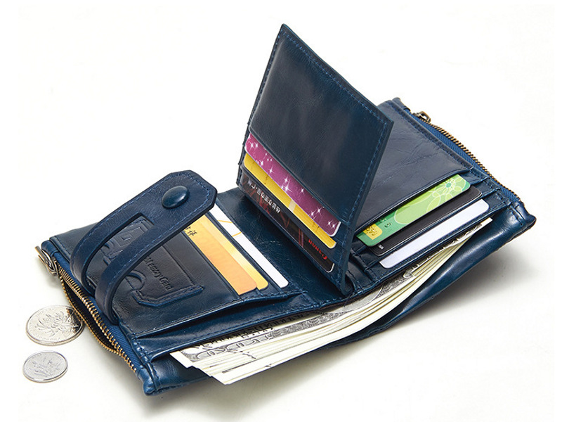 blue vertical bifold genuine leather wallet, vintage, rfid blocking, wholesale