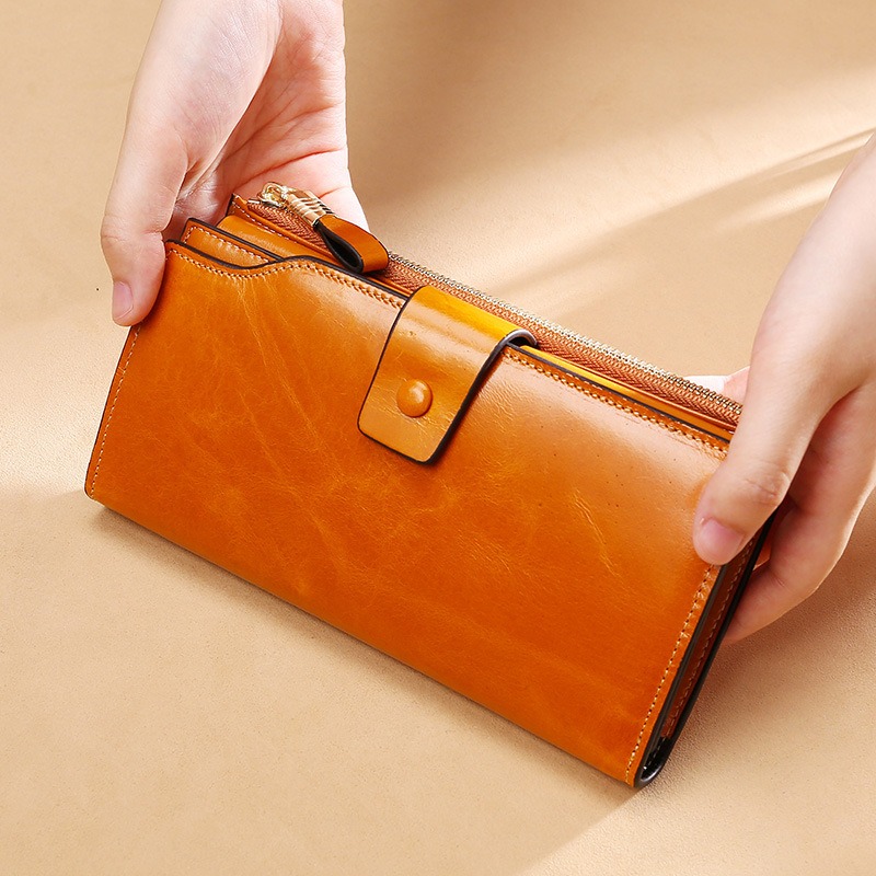light brown lady women genuine leather clutch wallet rfid blocking wholesale