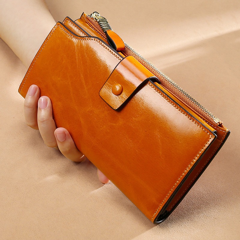 light brown lady women genuine leather clutch wallet rfid blocking wholesale