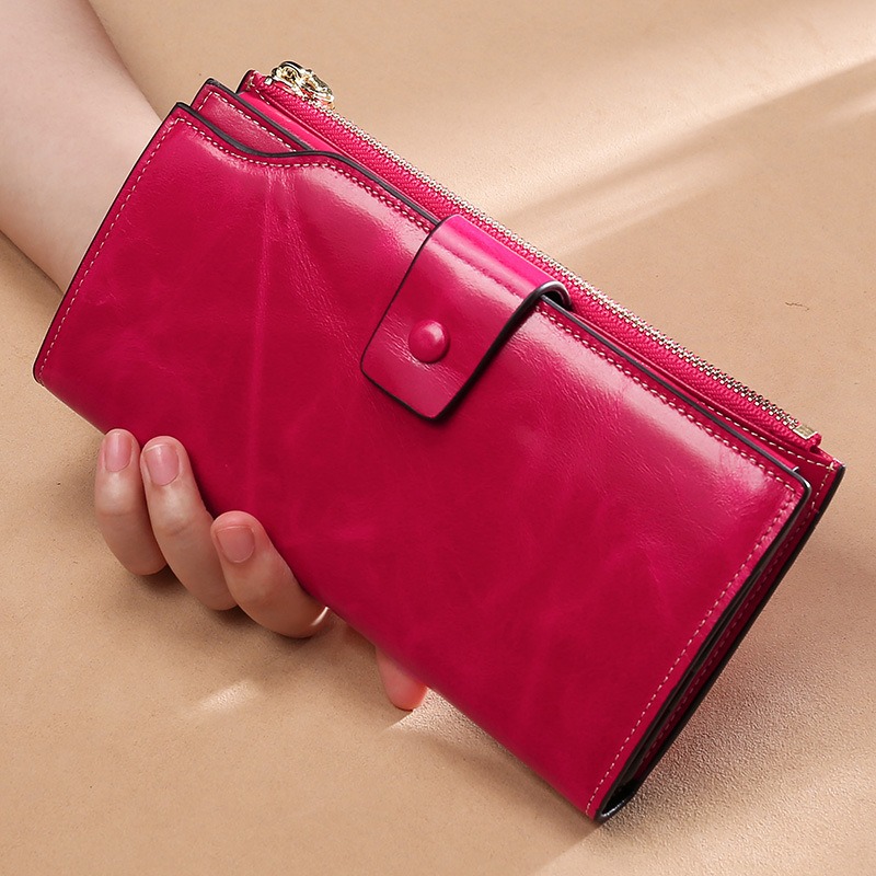 rose red lady women genuine leather clutch wallet rfid blocking wholesale