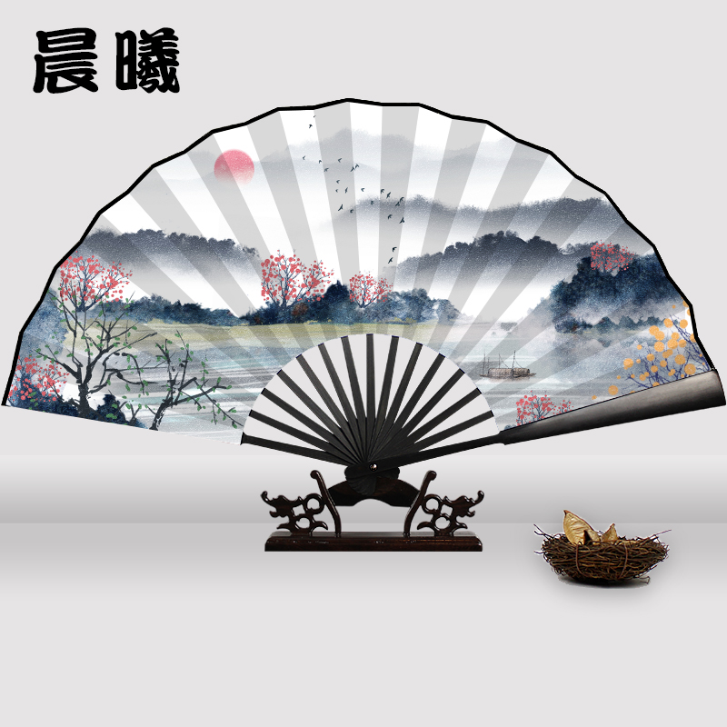 Chinese Xuan Paper Bamboo Folding Fan Printed with Ink Brush Painting