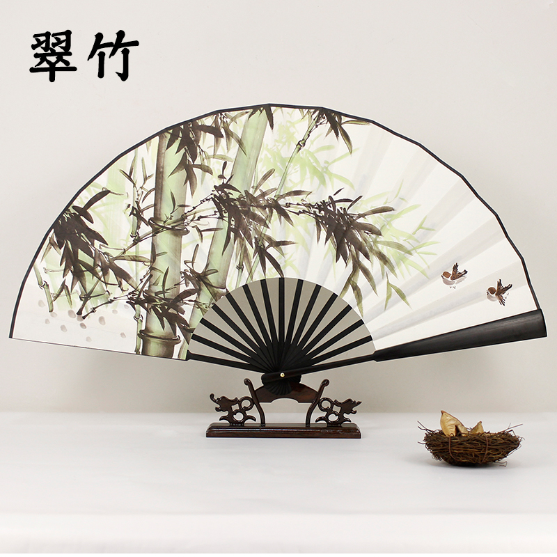 Chinese Xuan Paper Bamboo Folding Fan Printed with Ink Brush Painting