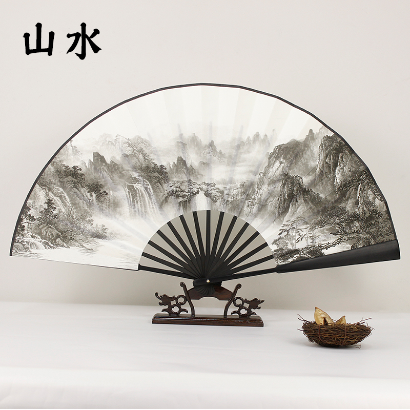 Chinese Xuan Paper Bamboo Folding Fan Printed with Ink Brush Painting