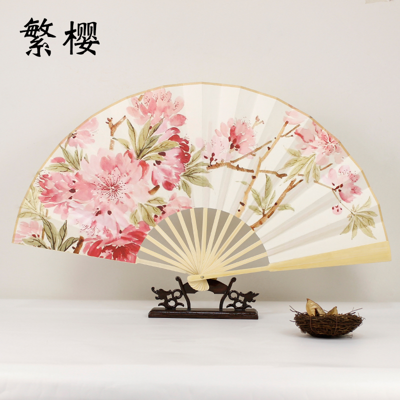 Chinese Xuan Paper Bamboo Folding Fan Printed with Ink Brush Painting