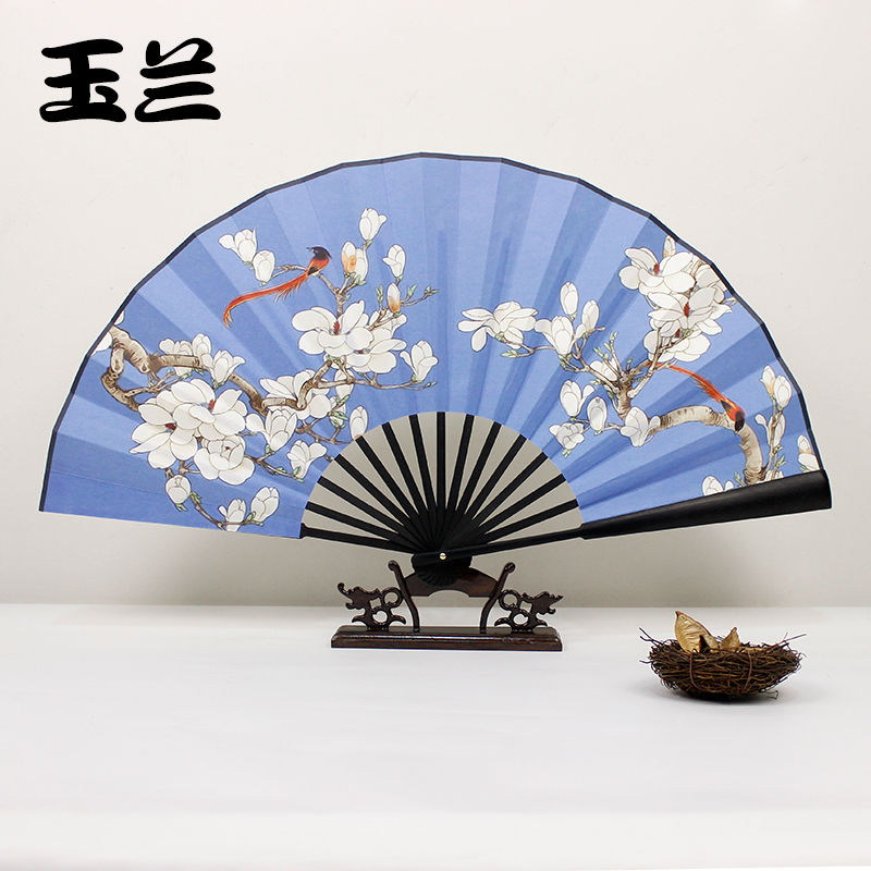 Chinese Xuan Paper Bamboo Folding Fan Printed with Ink Brush Painting