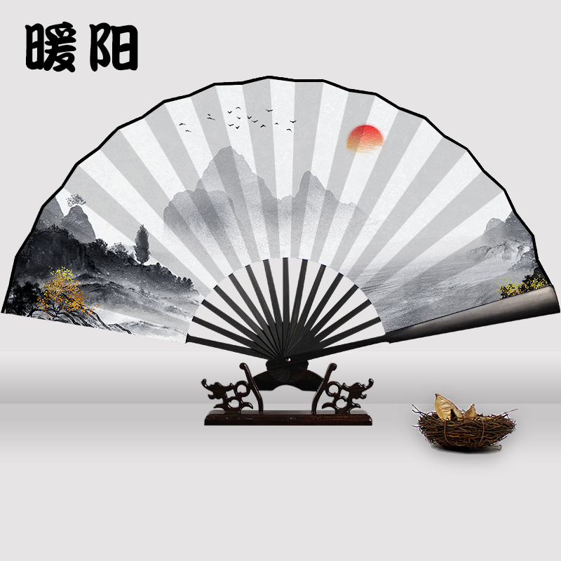 Chinese Xuan Paper Bamboo Folding Fan Printed with Ink Brush Painting