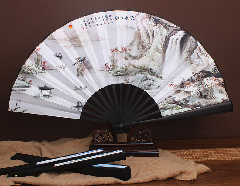 Chinese Silk Bamboo Folding Fan Printed with Landscape Ink Painting