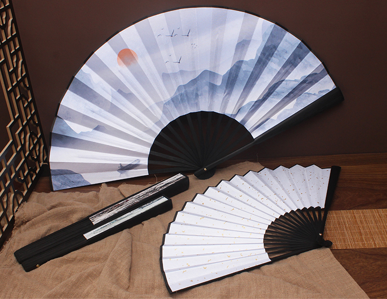 Chinese Silk Bamboo Folding Fan Printed with Landscape Ink Painting