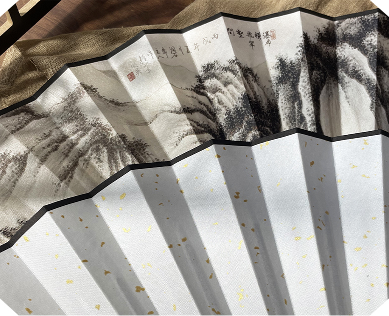 Chinese Silk Bamboo Folding Fan Printed with Landscape Ink Painting