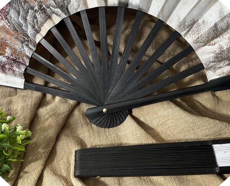 Chinese Silk Bamboo Folding Fan Printed with Landscape Ink Painting
