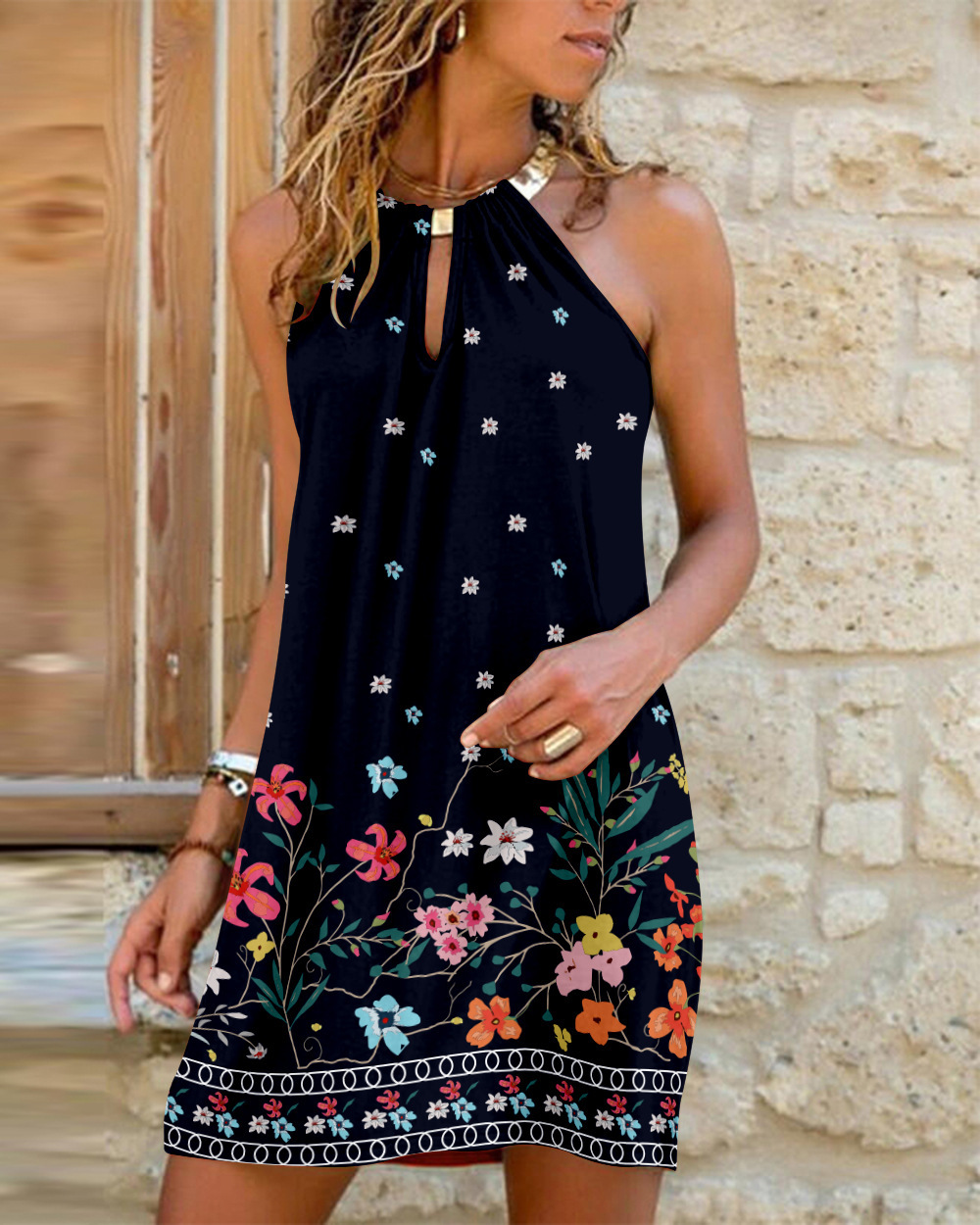 Custom Halter Neck Summer Dress All-Over Printing No Minimum Casual  Sleeveless Short Beach