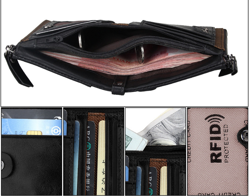 bifold genuine cowhide leather wallet, retro vintage rfid blocking wholesale