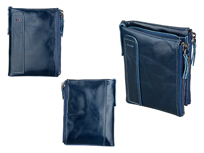 blue bifold genuine cowhide leather wallet, retro vintage rfid blocking wholesale