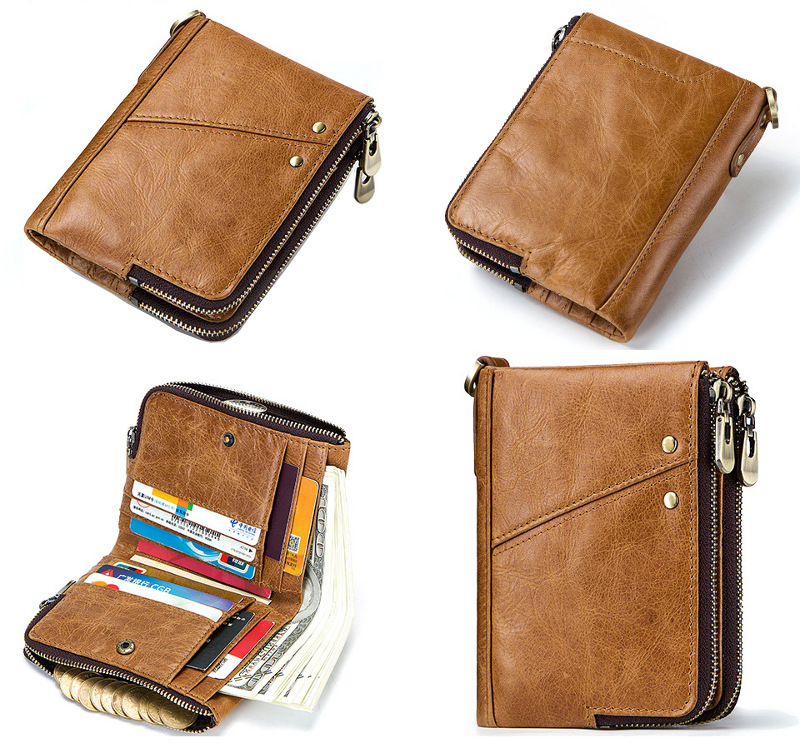 genuine cowhide leather wallet, rfid blocking, double zip coin pocket, card holder, wholesale, light brown