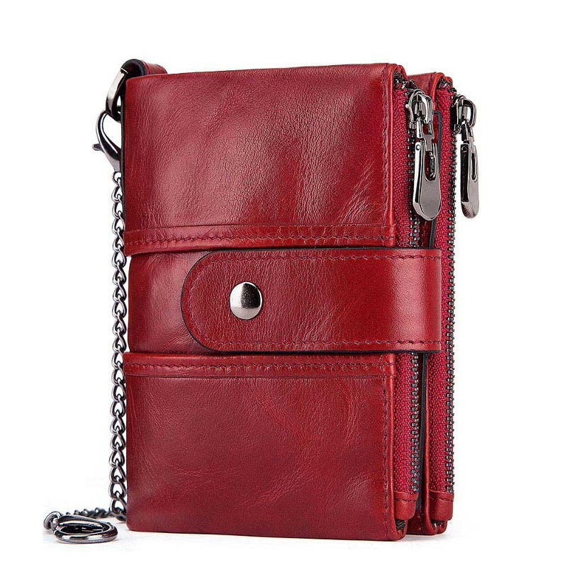 red genuine cowhide leather wallet, rfid blocking, double zip coin pocket, card holder, wholesale