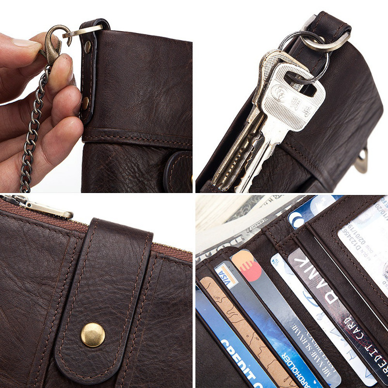 genuine cowhide leather wallet, rfid blocking, double zip coin pocket, card holder, wholesale