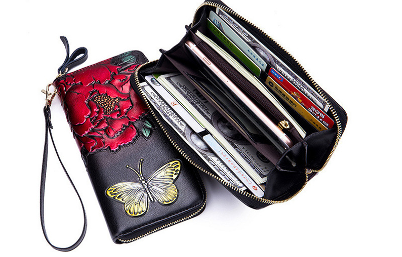 rose & butterfly embossing genuine leather clutch wallet, rfid blocking, lady, women, wholesale