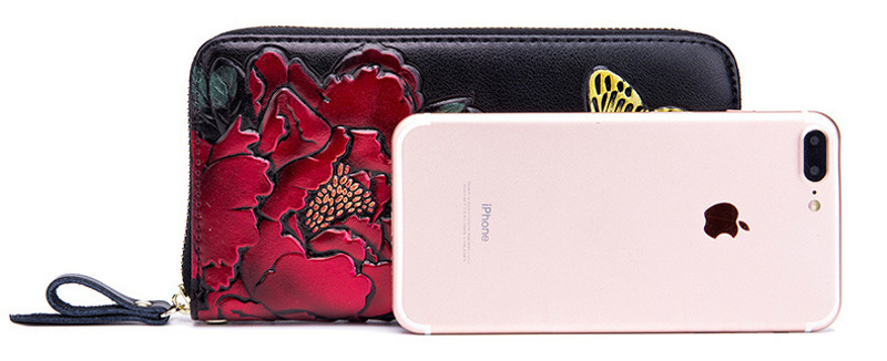 rose & butterfly embossing genuine leather clutch wallet, rfid blocking, lady, women, wholesale