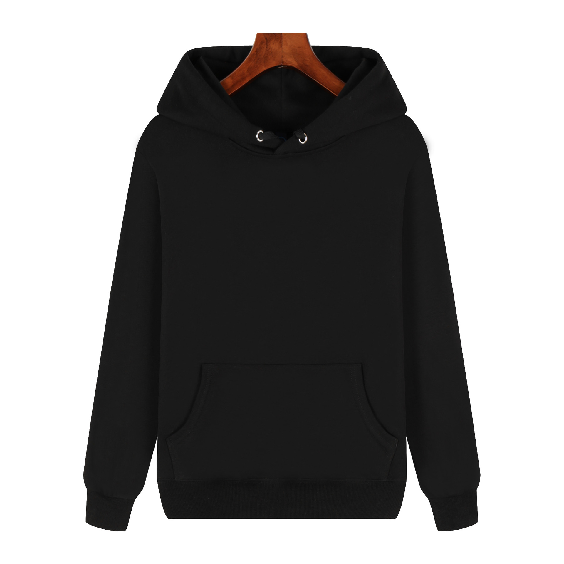 black pure 100% cotton pullover hoodie kangaroo pocket long sleeve sweatshirt