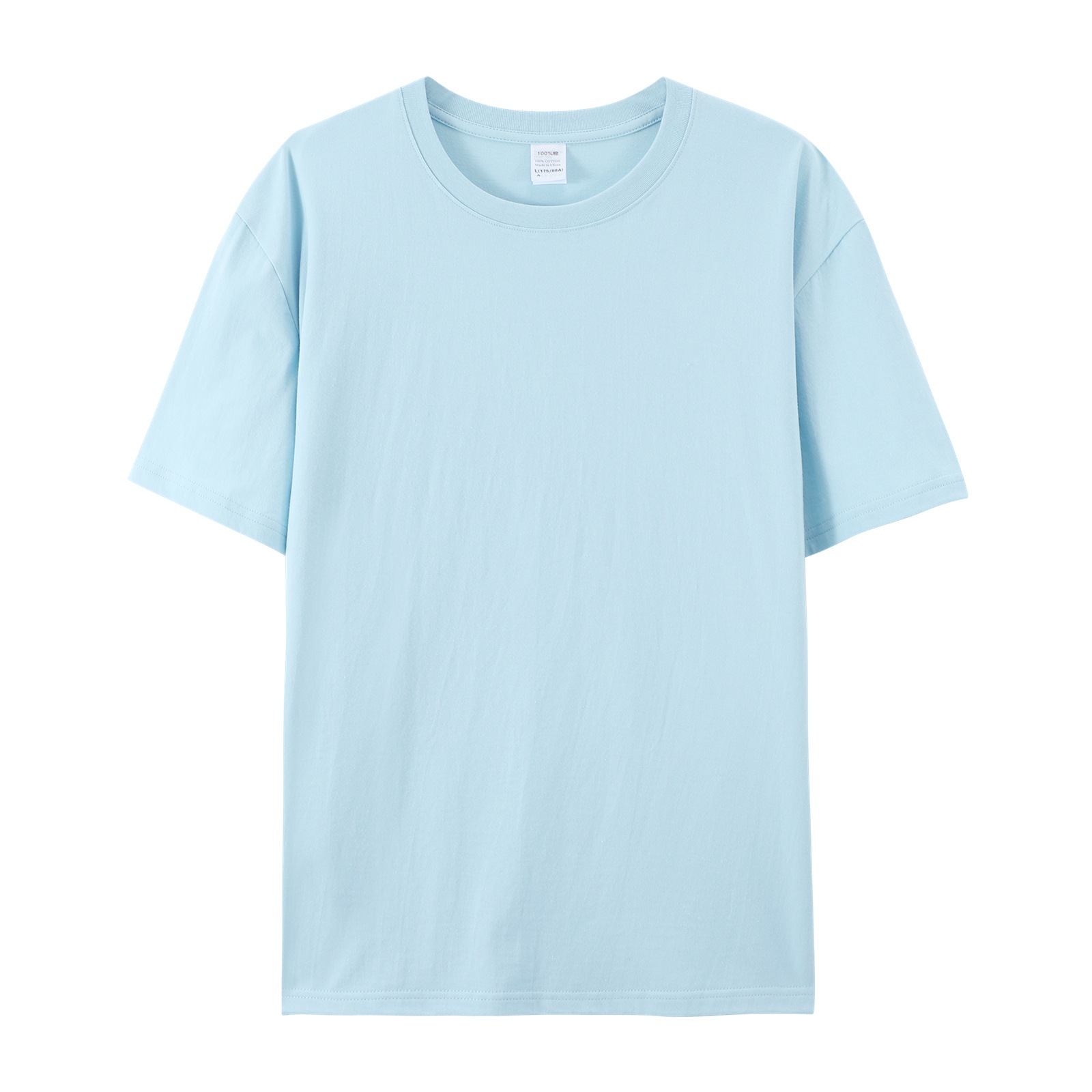 pure 100% cotton T-shirt white short sleeve crew neck light blue