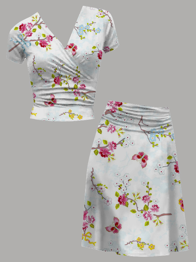 women's co-ord set 2-piece outfit top skirt short sleeve wrap collar