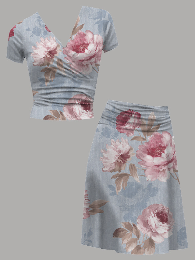 women's co-ord set 2-piece outfit top skirt short sleeve wrap collar